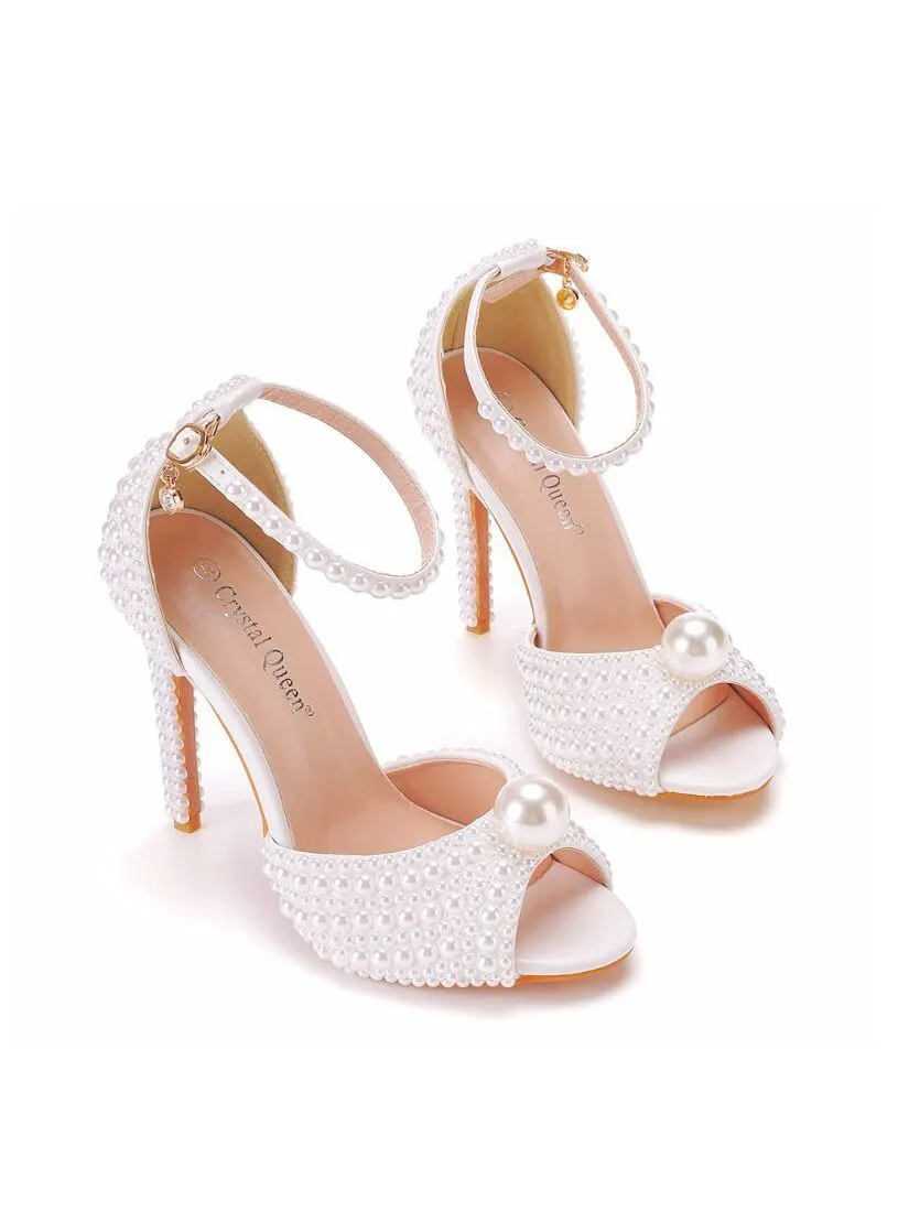 11 cm Shallow Mouth Thin-heeled Pearls Sandals