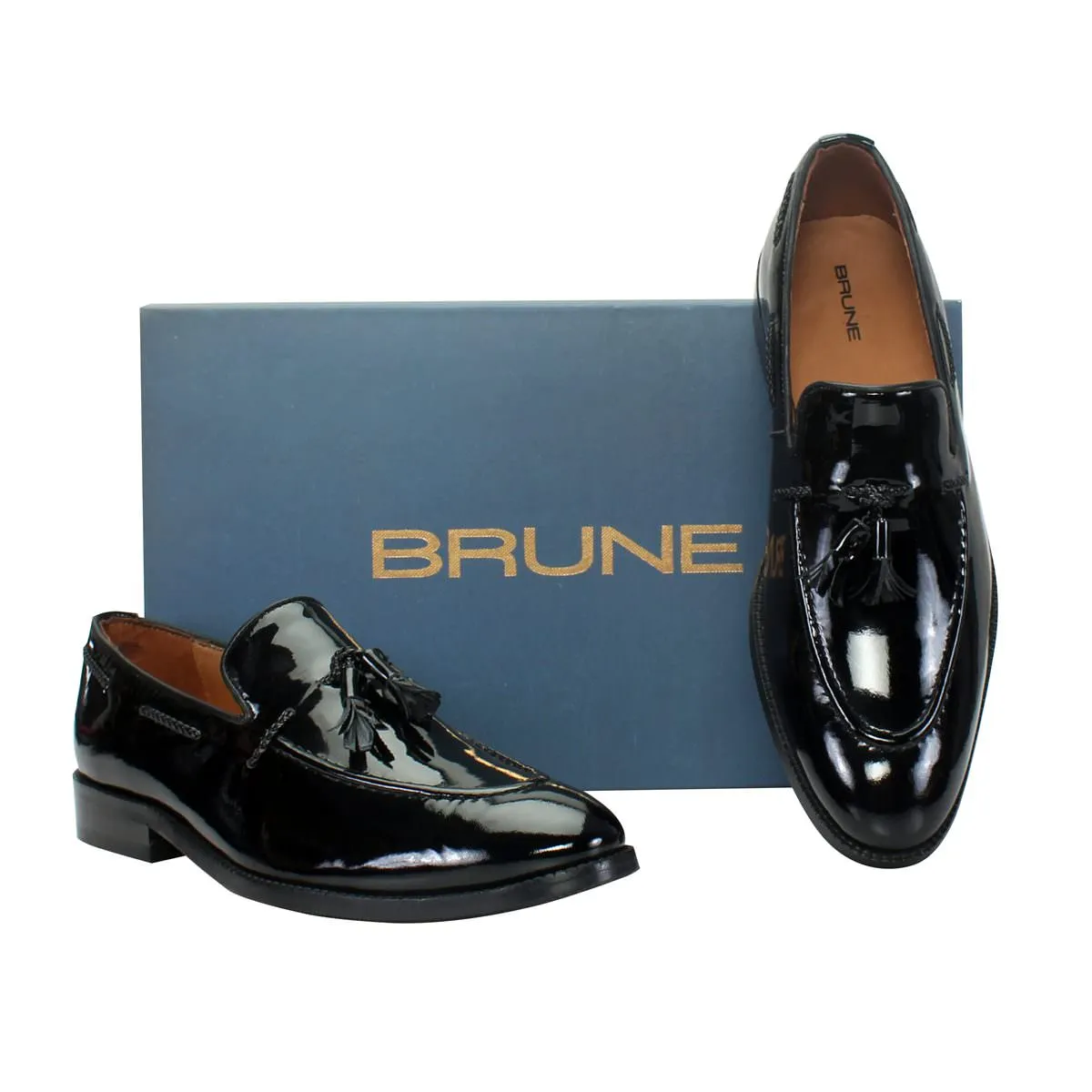 Apron Toe Side Lacing Tassel Loafers in Black Patent Leather By Brune & Bareskin