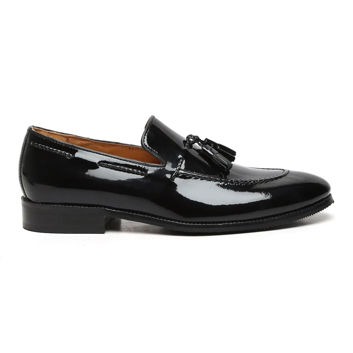 Apron Toe Side Lacing Tassel Loafers in Black Patent Leather By Brune & Bareskin