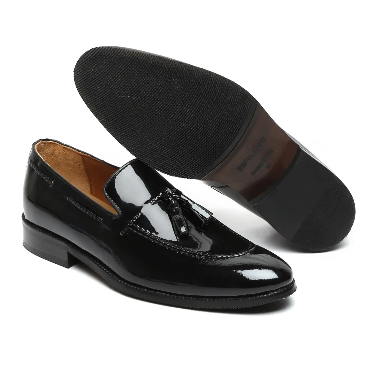 Apron Toe Side Lacing Tassel Loafers in Black Patent Leather By Brune & Bareskin