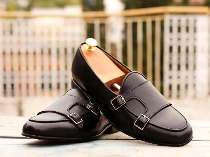 Awesome Handmade Men's Black Leather Double Monk Slip On Loafers, Men Dress Formal Shoes