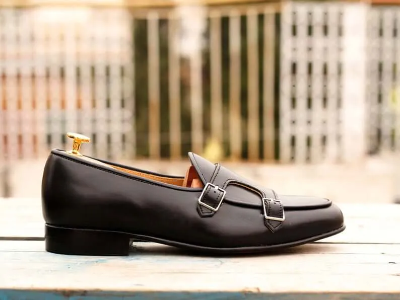 Awesome Handmade Men's Black Leather Double Monk Slip On Loafers, Men Dress Formal Shoes