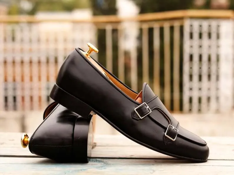 Awesome Handmade Men's Black Leather Double Monk Slip On Loafers, Men Dress Formal Shoes