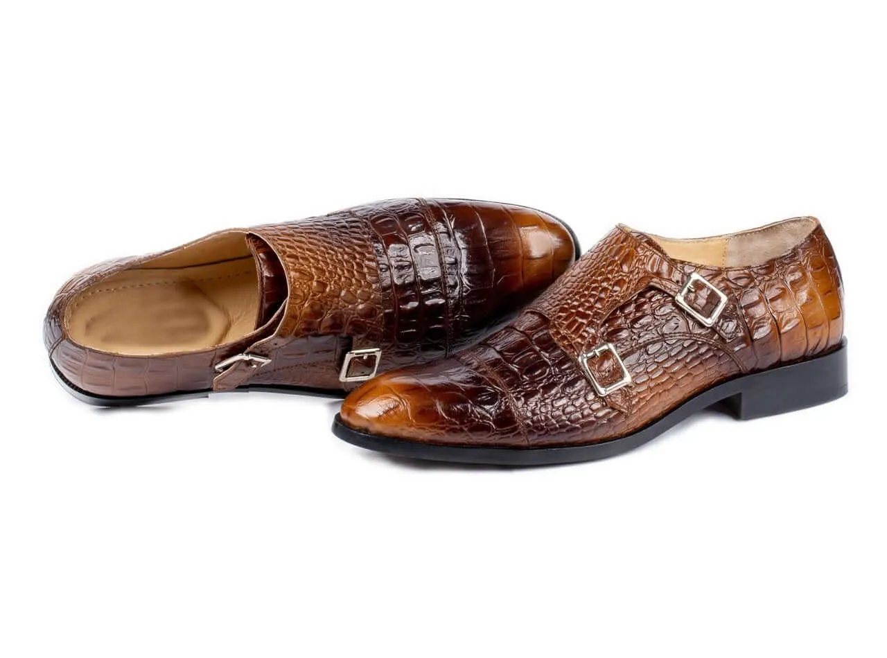 Awesome Handmade Men's Brown Alligator Textured Leather Shoes, Men Double Monk Dress Formal Shoes