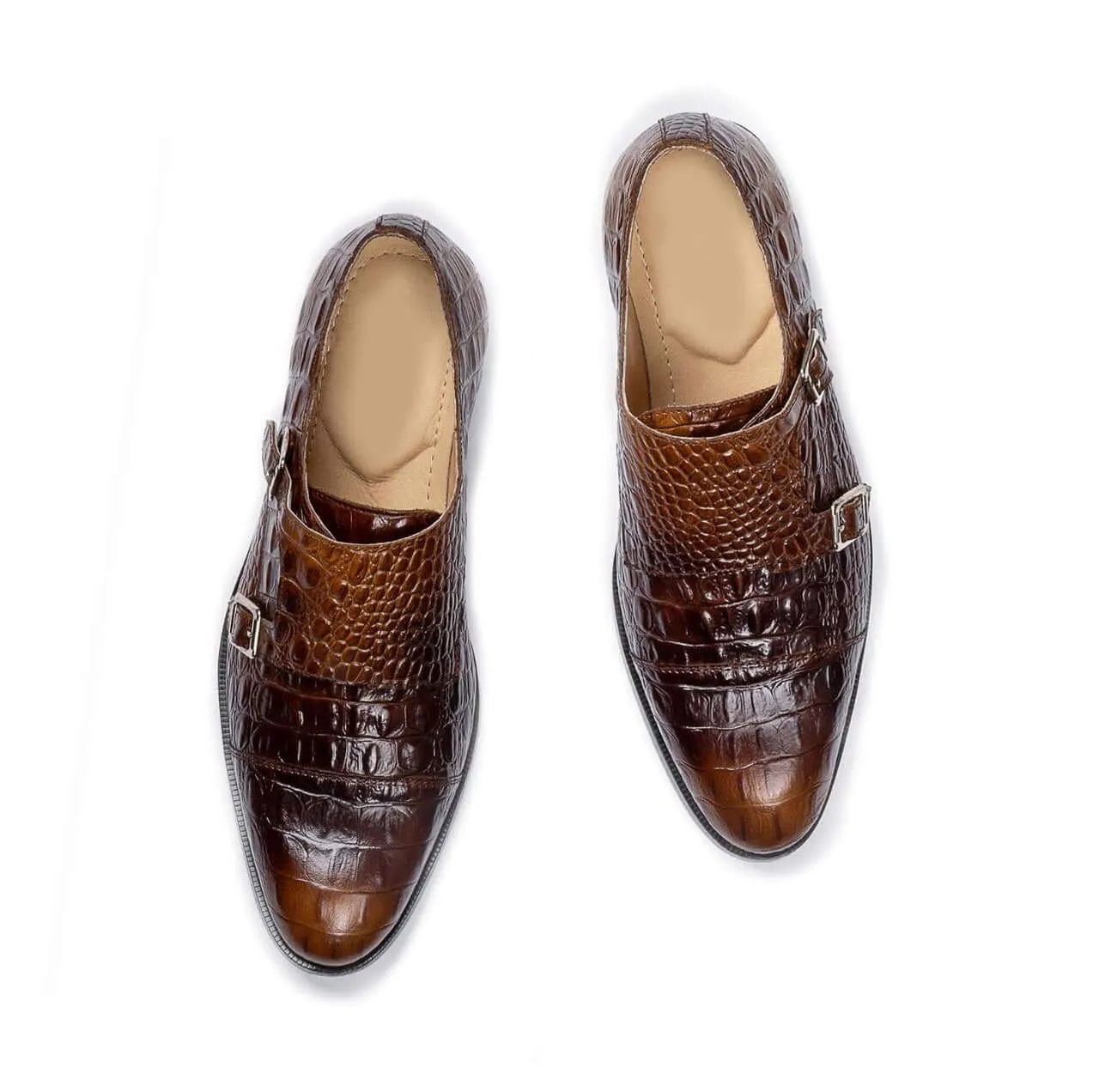 Awesome Handmade Men's Brown Alligator Textured Leather Shoes, Men Double Monk Dress Formal Shoes