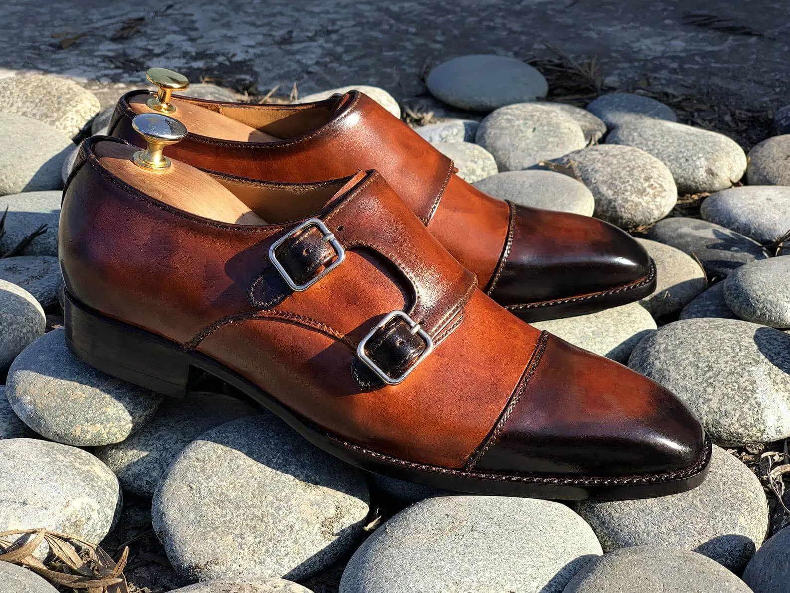 Awesome Handmade Men's Brown Leather Double Monk Strap Shoes, Men Cap Toe Goodyear Welted Dress Formal Shoes