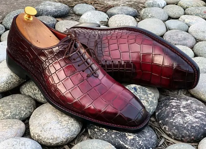 Awesome Handmade Men's Burgundy Alligator Textured Leather Lace Up Shoes, Men Dress Formal Shoes