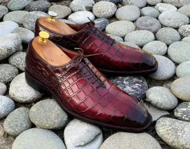 Awesome Handmade Men's Burgundy Alligator Textured Leather Lace Up Shoes, Men Dress Formal Shoes