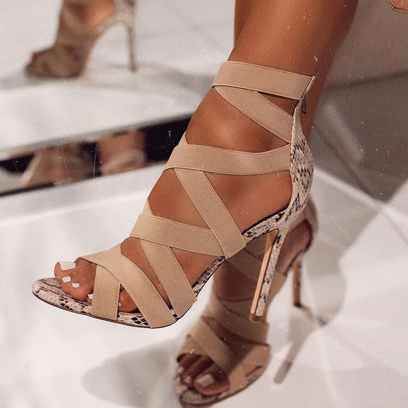 Bandage Patchwork Mixed Colors Snake High Heels Sandals