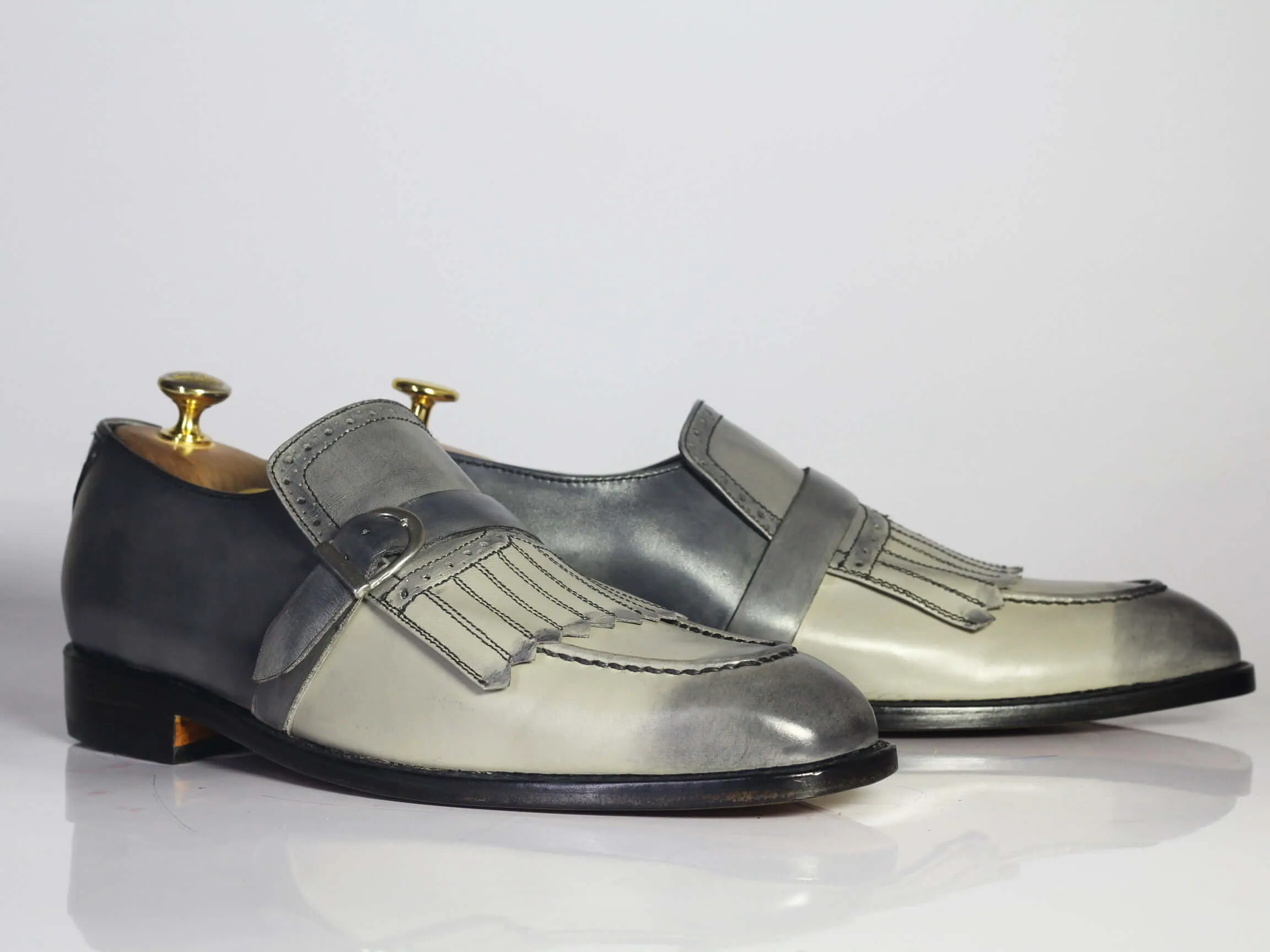 Bespoke Gray Fringes Monk Strap Shoes, Men's Handmade Leather Suede Dress Shoes