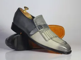 Bespoke Gray Fringes Monk Strap Shoes, Men's Handmade Leather Suede Dress Shoes