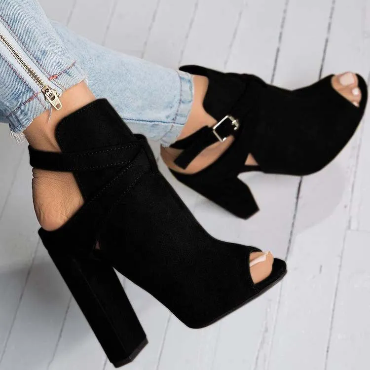 Black Block Heel Peep Toe Sandals