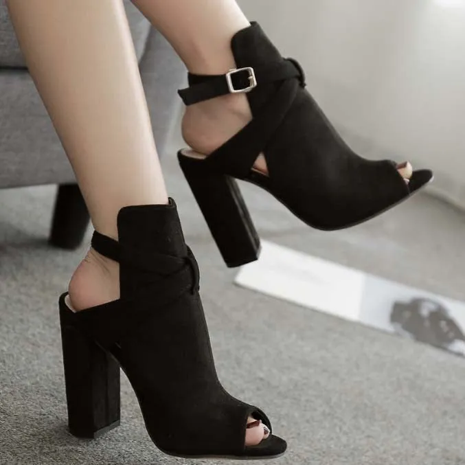 Black Block Heel Peep Toe Sandals