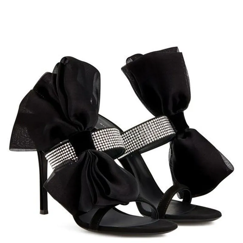 Black Bow Suede Rhinestone High Heel Sandals