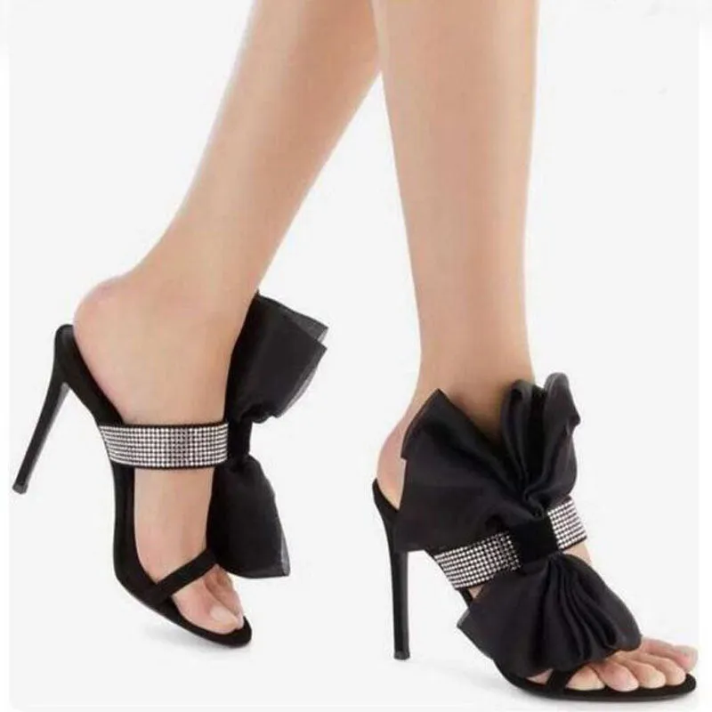 Black Bow Suede Rhinestone High Heel Sandals