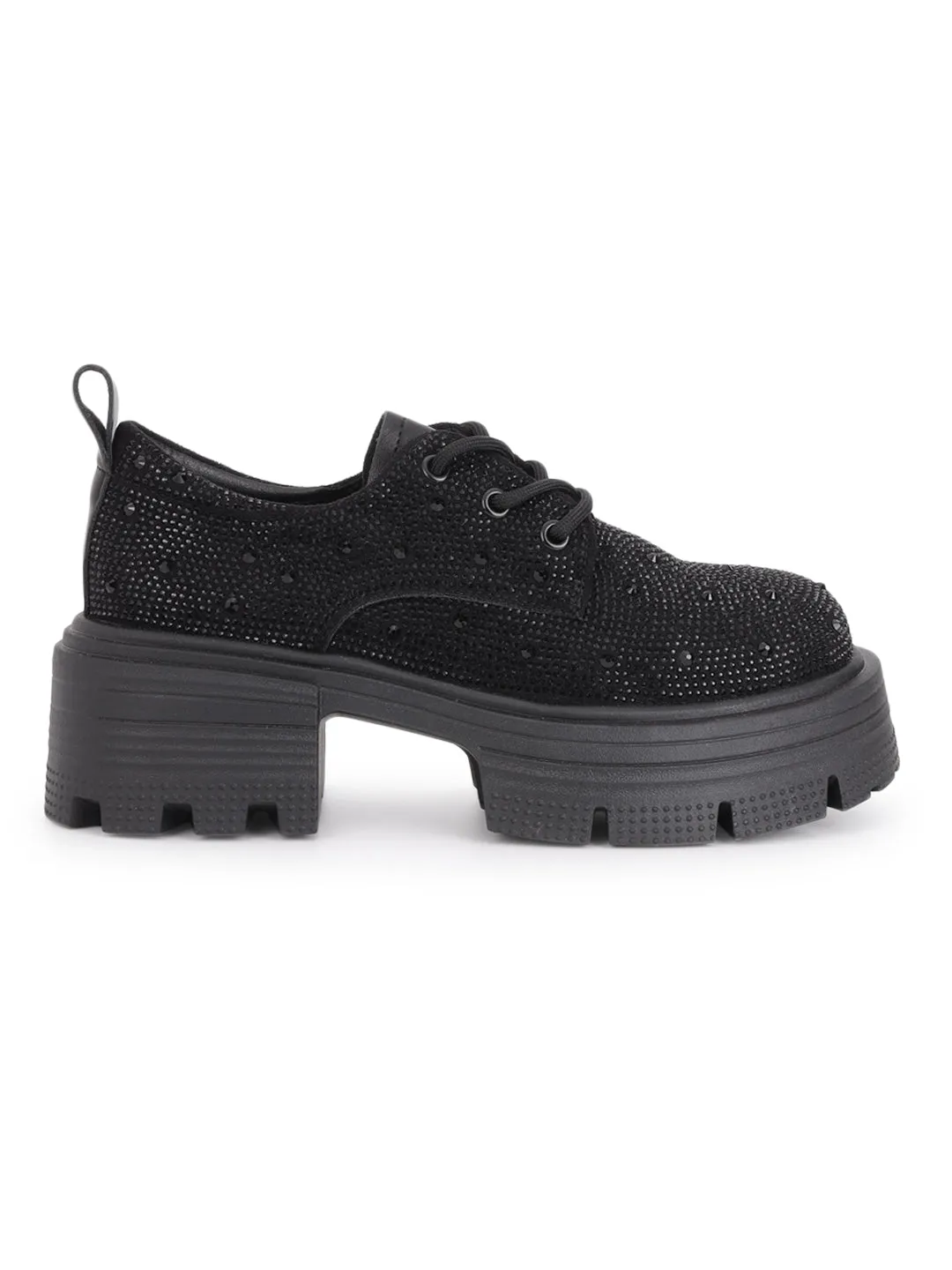 Black Diamante Embellished Lace-Up Sneakers (TC-RS3640-BLK)