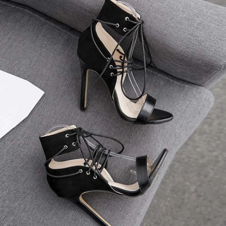 Black Matting High Heel Buckle Sandals