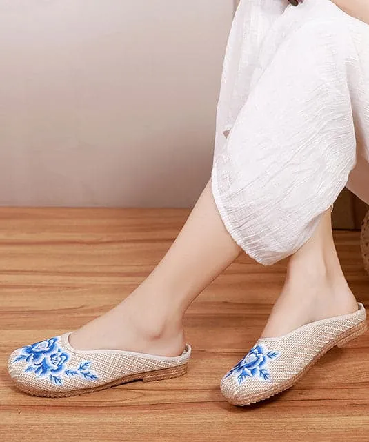 Boutique Beige Slide Sandals Embroideried Comfy Linen Fabric