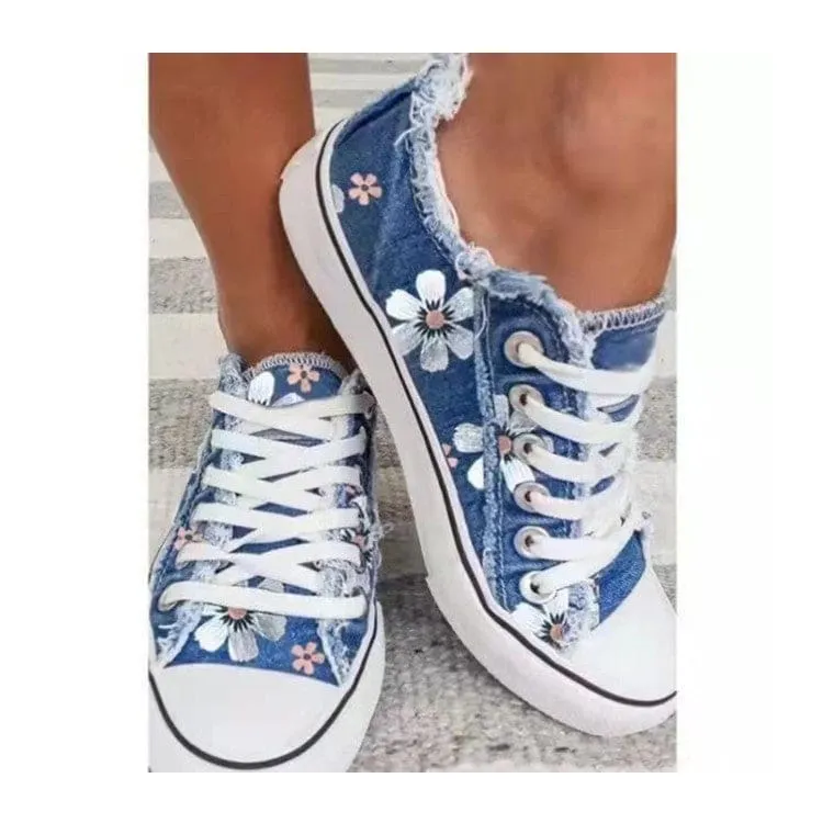 Breathable Floral Lace-Up Canvas Skate Shoes