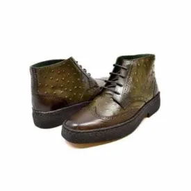 British Walkers Playboy Wingtips Limited Edition Men's Olive Green Ostrich Leather High Top Boots