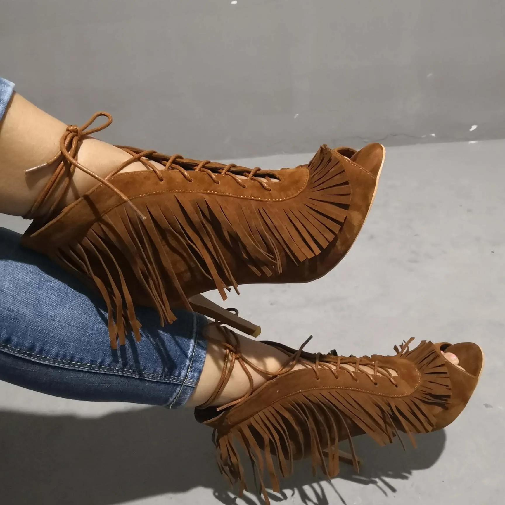 Brown Suede Peep Toe Fringe Sandals