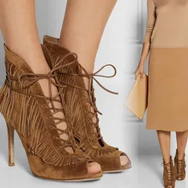 Brown Suede Peep Toe Fringe Sandals