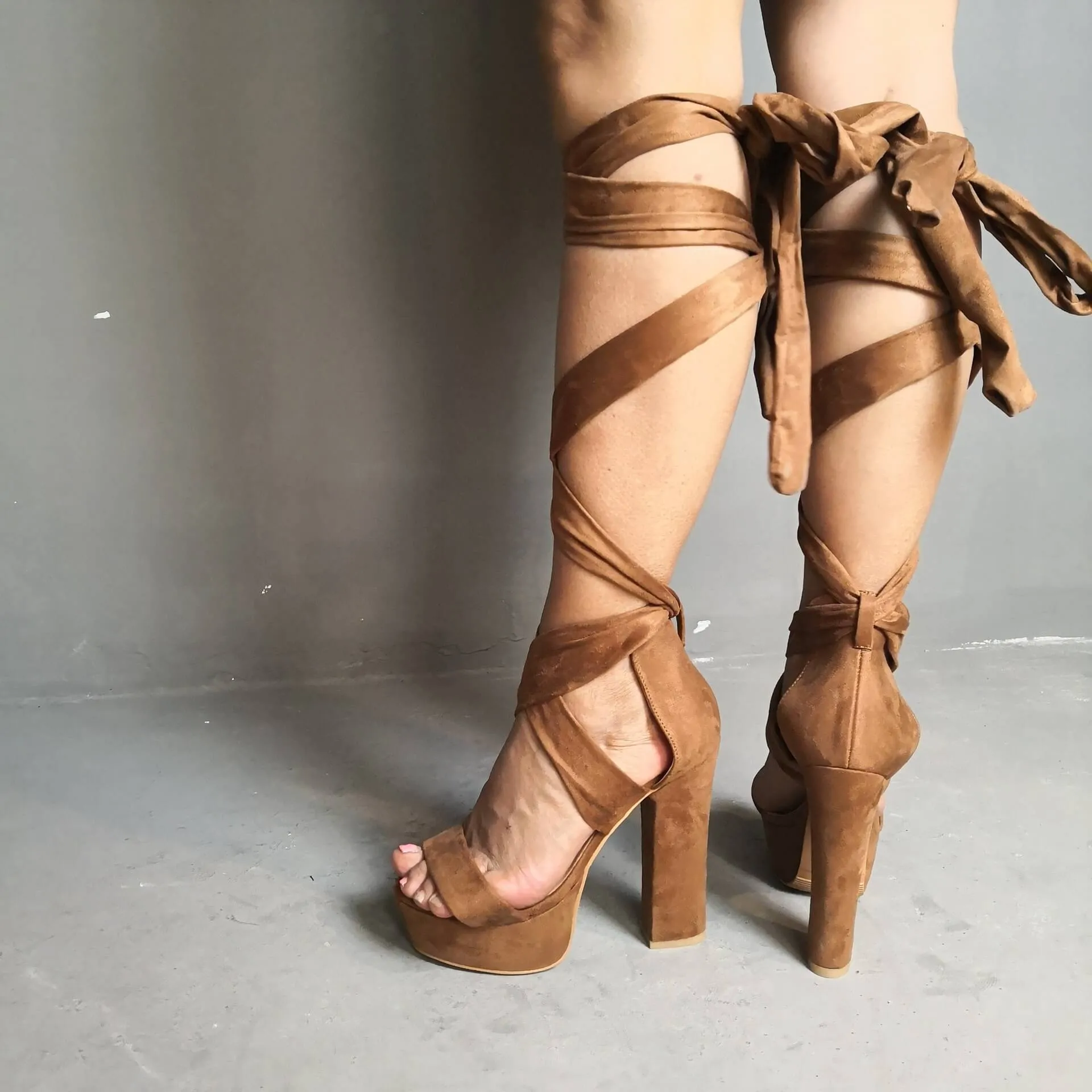 Brown Suede Strap Platform Chunky Heel Sandals