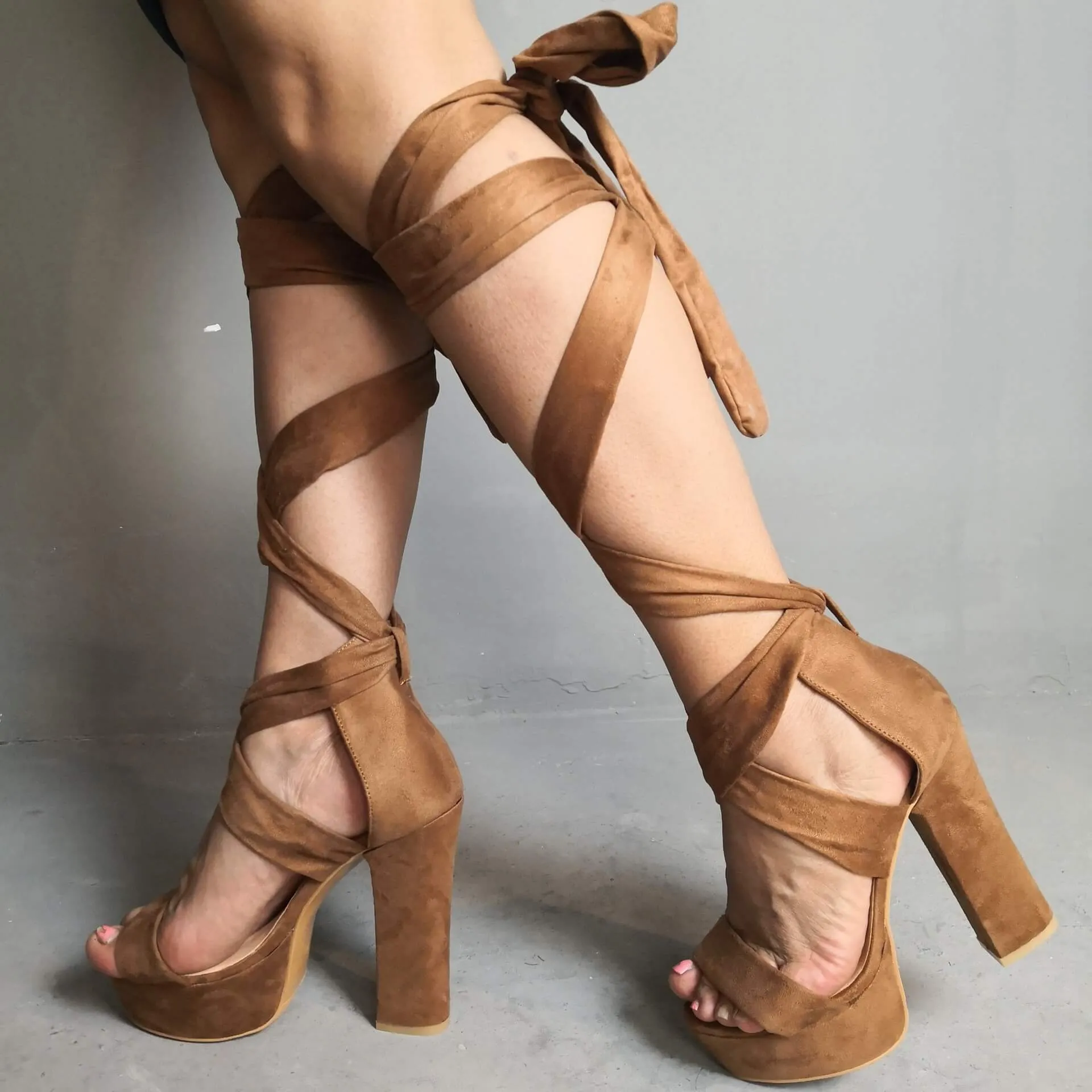 Brown Suede Strap Platform Chunky Heel Sandals