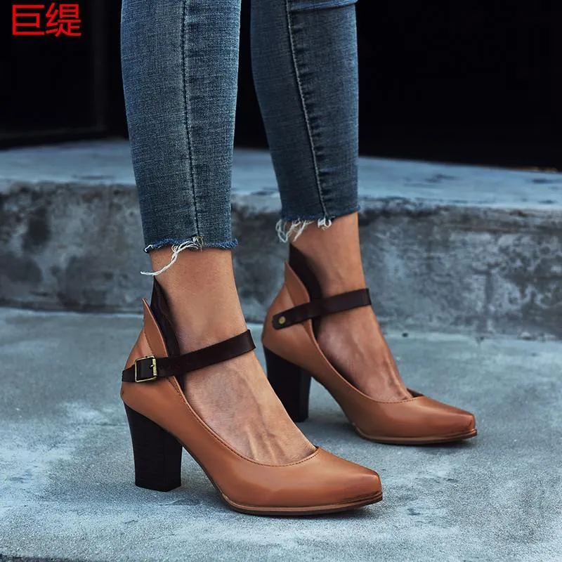 Buckle Leather Point Toe Fashion Chunky High Heels