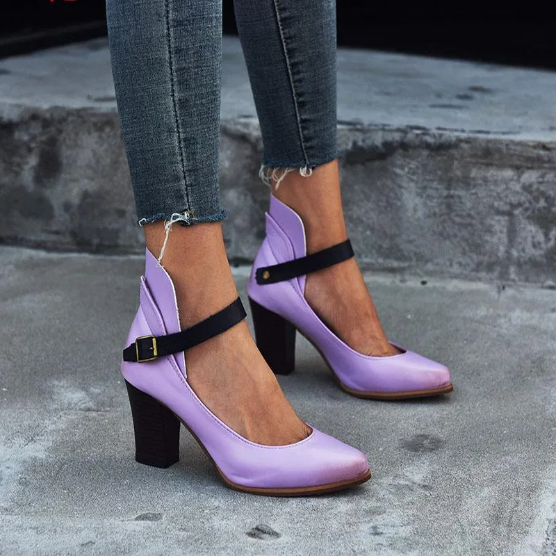 Buckle Leather Point Toe Fashion Chunky High Heels