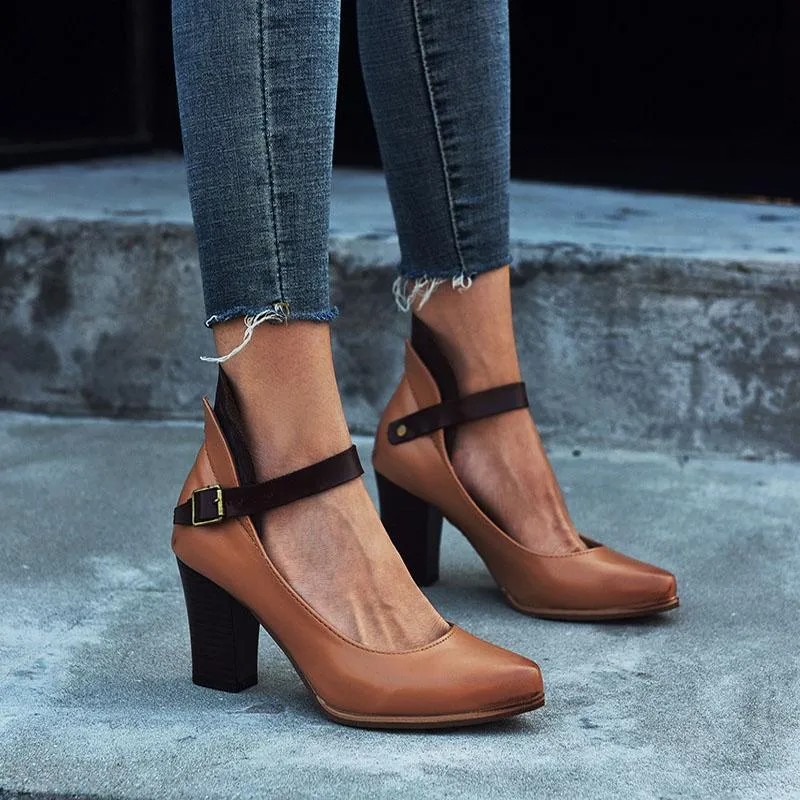 Buckle Leather Point Toe Fashion Chunky High Heels