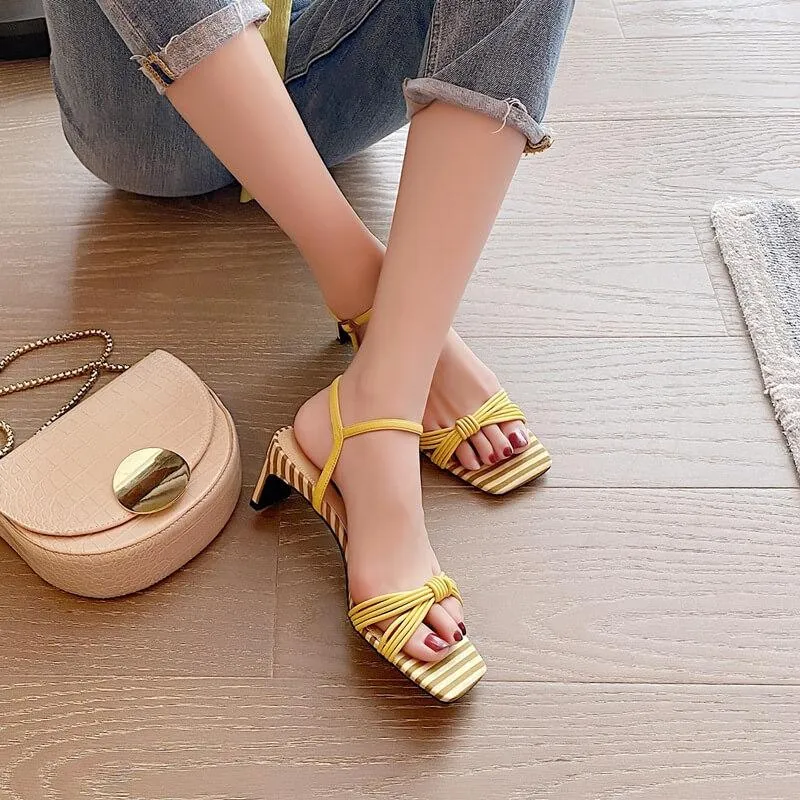 Casual Yellow Square Toe Stripes Low Heel Sandals