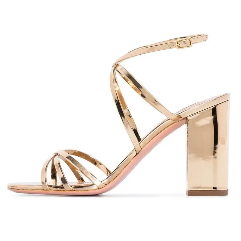 Champagne Patent Leather Chunky Heel Buckle Sandals