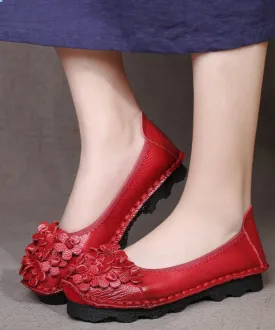 Comfy Mulberry Cowhide Leather Flower Splicing Flat Shoes SL1025