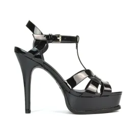 Dafney Stiletto Strappy Platform Open Toe High Heel Sandals in Black Patent