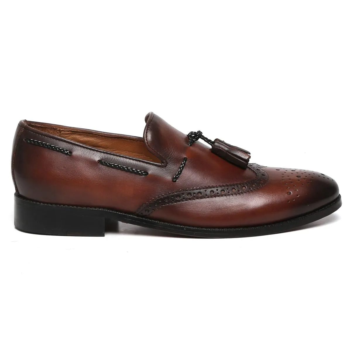 Dark Brown Side Lacing Medallion Toe Formal Tassel Slip-On Shoes By Brune & Bareskin