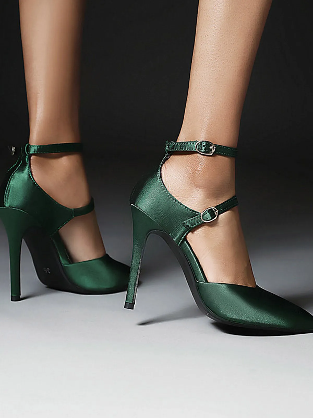 Dark Green Satin Double Buckle Belts High Heel Shoes