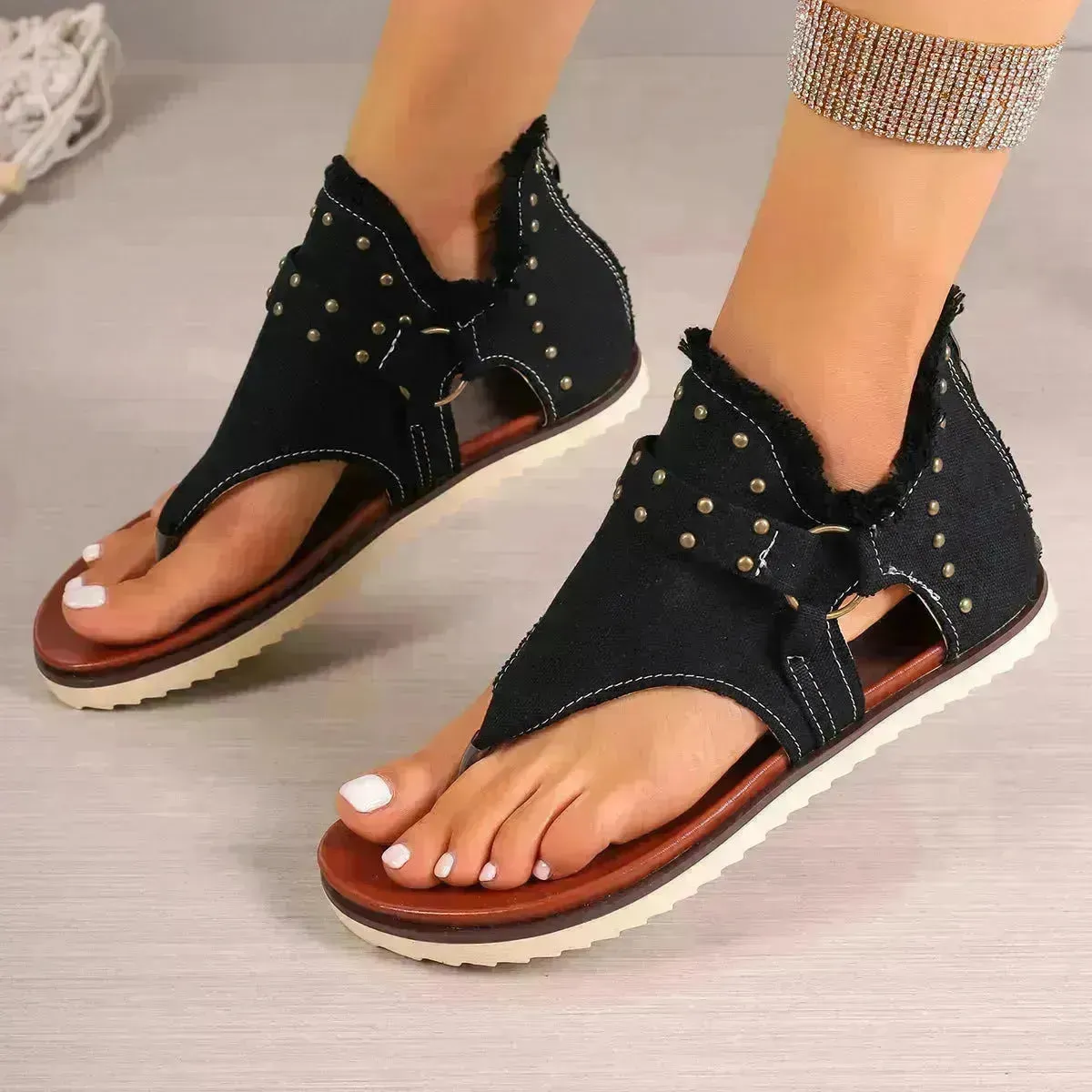 Denim Thong Sandals With Rear Zipper Summer Retro Beach Flat Sandals Shoes For Women