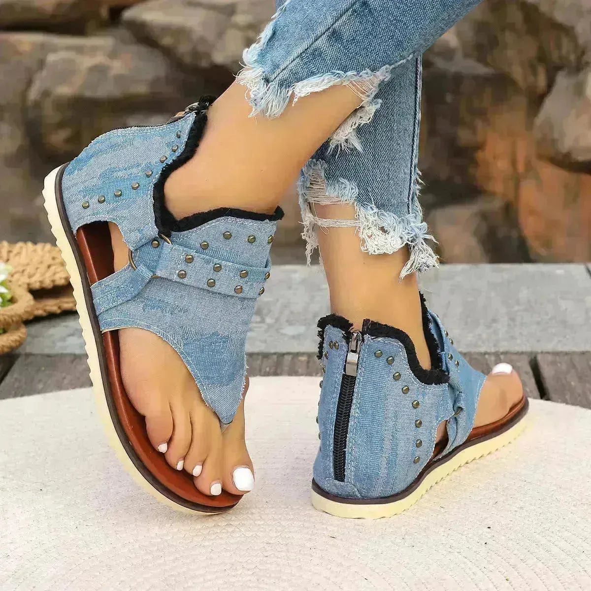 Denim Thong Sandals With Rear Zipper Summer Retro Beach Flat Sandals Shoes For Women