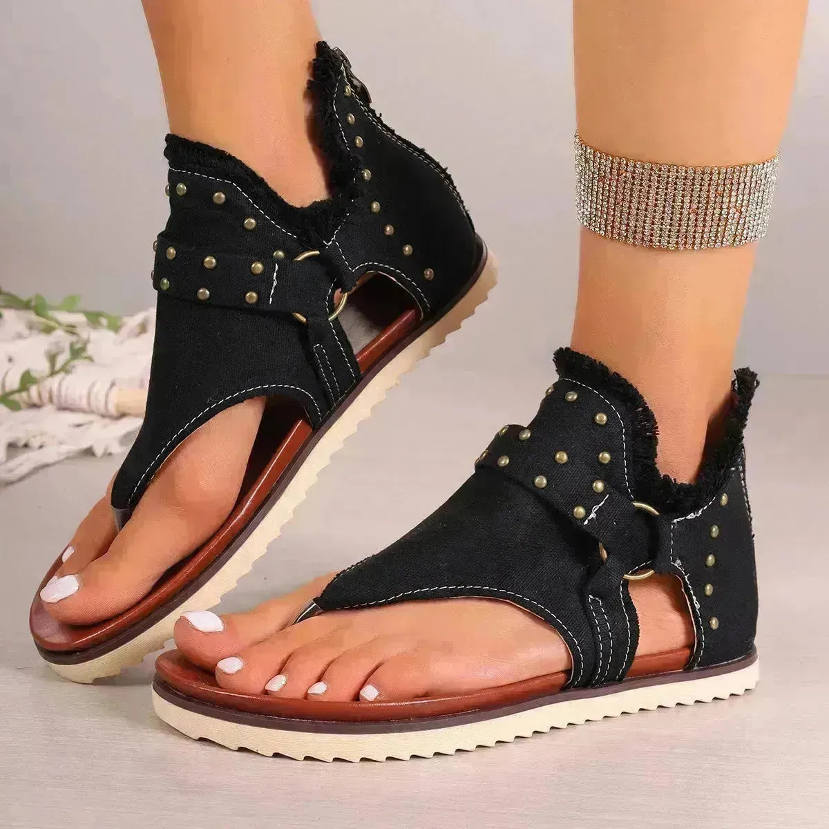 Denim Thong Sandals With Rear Zipper Summer Retro Beach Flat Sandals Shoes For Women