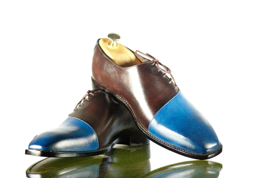 Elegant Handmade Men's Blue Brown Leather Side Lace Up Shoes, Men Dress Formal Shoes