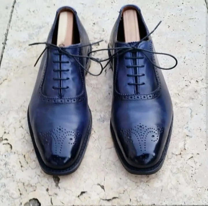 Elegant Handmade Men's Brogue Shoes, Men's Navy Blue Leather Lace Up Dress Shoes