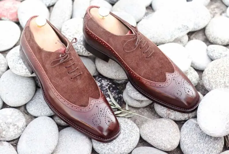 Elegant Handmade Men's Brown Leather Suede Wing Tip Brogue Shoes, Men Dress Formal Lace Up Shoes