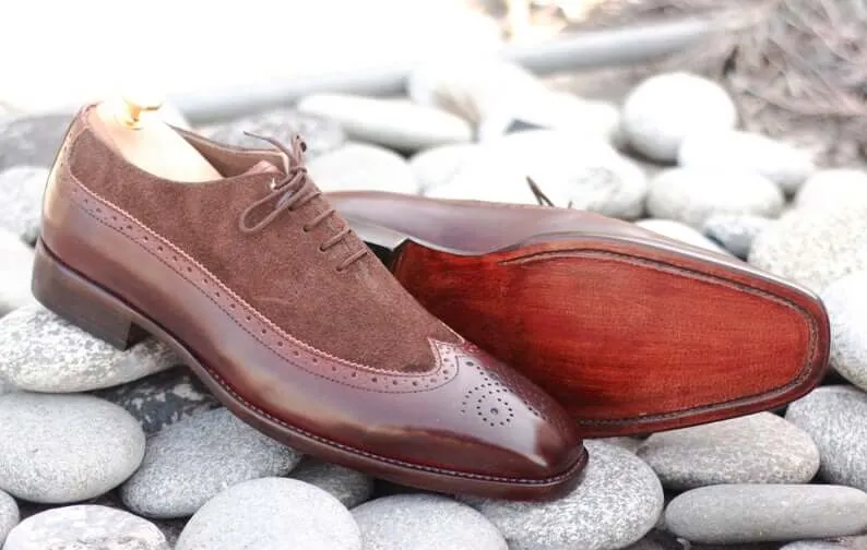 Elegant Handmade Men's Brown Leather Suede Wing Tip Brogue Shoes, Men Dress Formal Lace Up Shoes