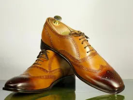 Elegant Handmade Men's Tan Wing Tip Brogue Leather Lace Up Shoes, Men Designer Dress Shoes