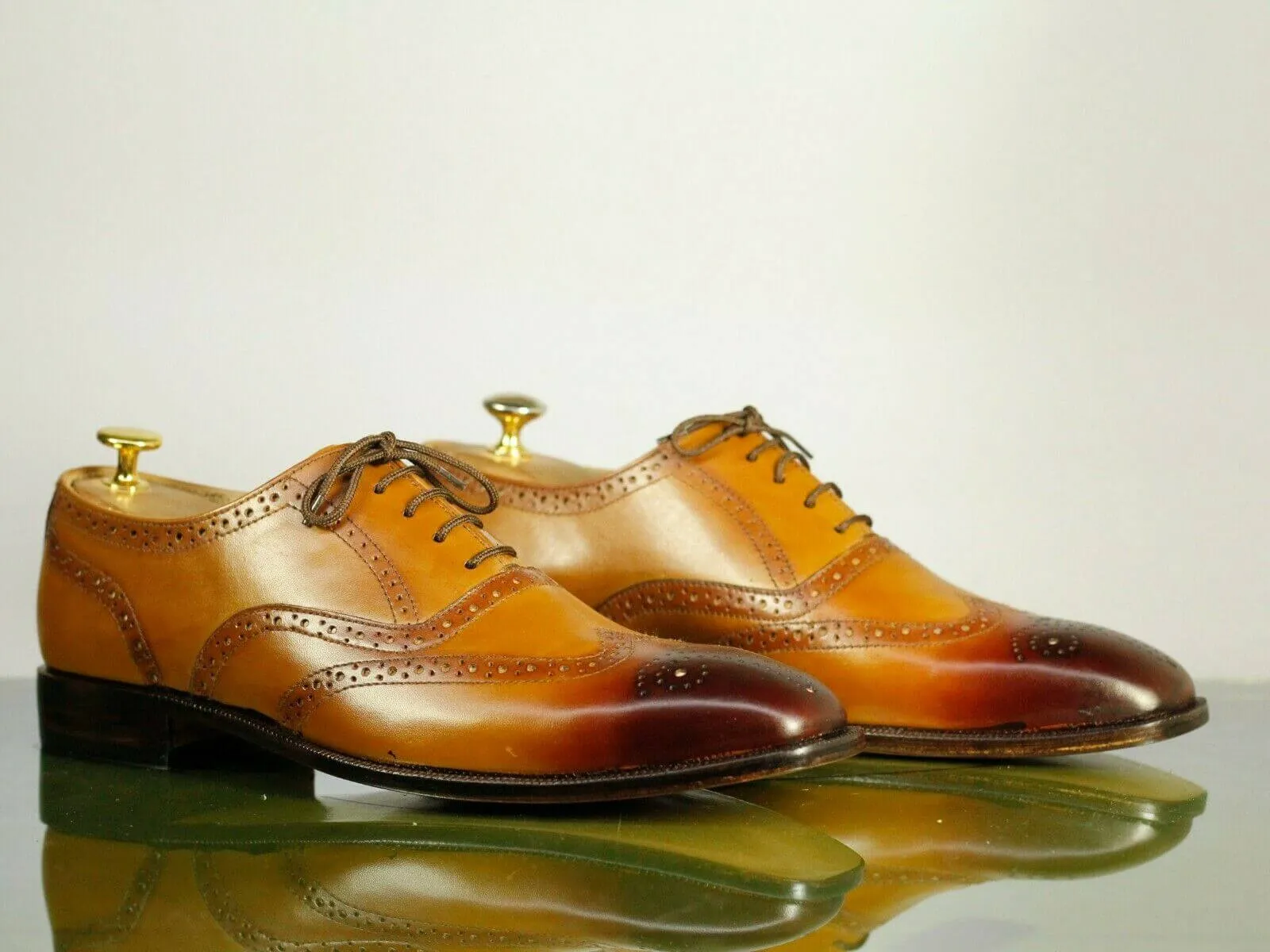 Elegant Handmade Men's Tan Wing Tip Brogue Leather Lace Up Shoes, Men Designer Dress Shoes