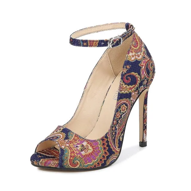 Ethnic Design Stiletto Fish Mouth Shoes