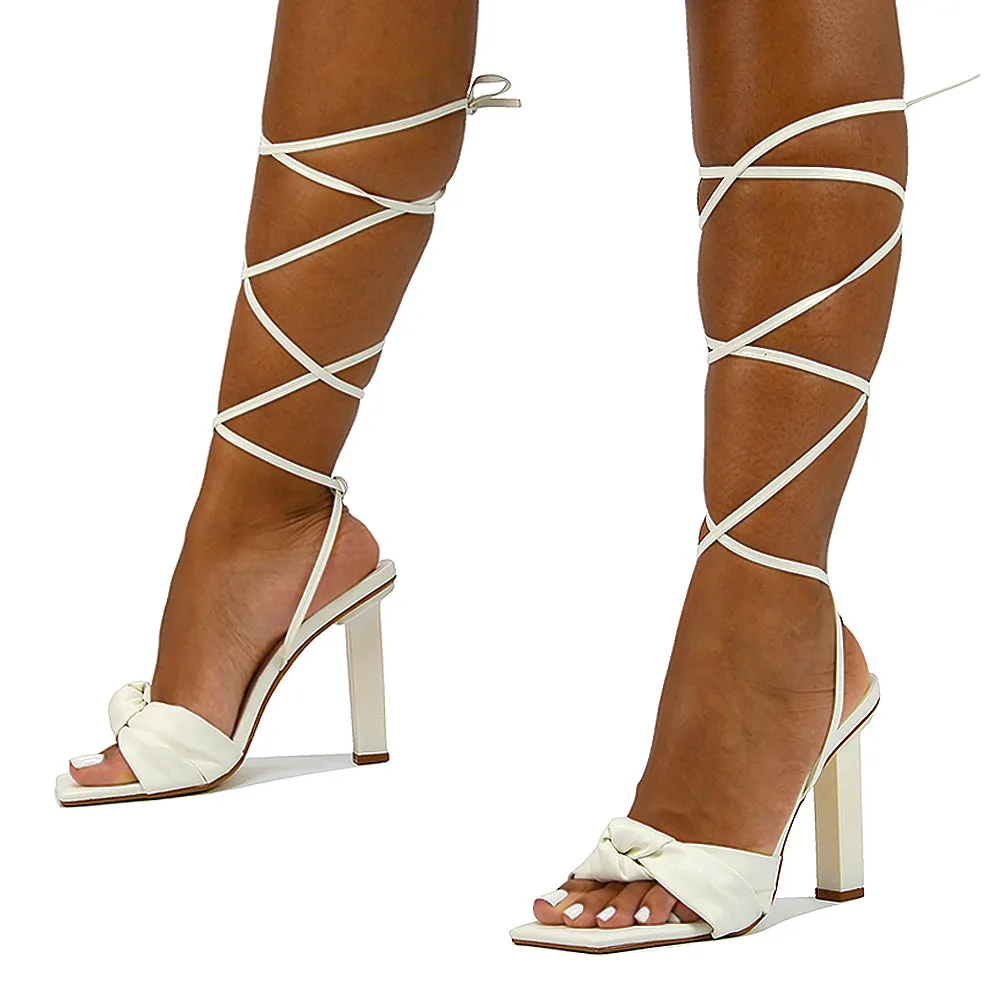 Evelyn Knot Detail Strappy Lace Up Square Toe Block High Heel Sandals in Black Synthetic Leather