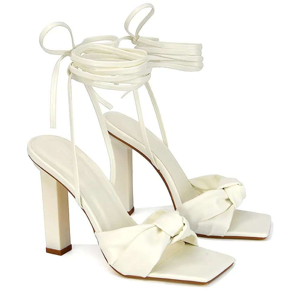 Evelyn Knot Detail Strappy Lace Up Square Toe Block High Heel Sandals in Black Synthetic Leather