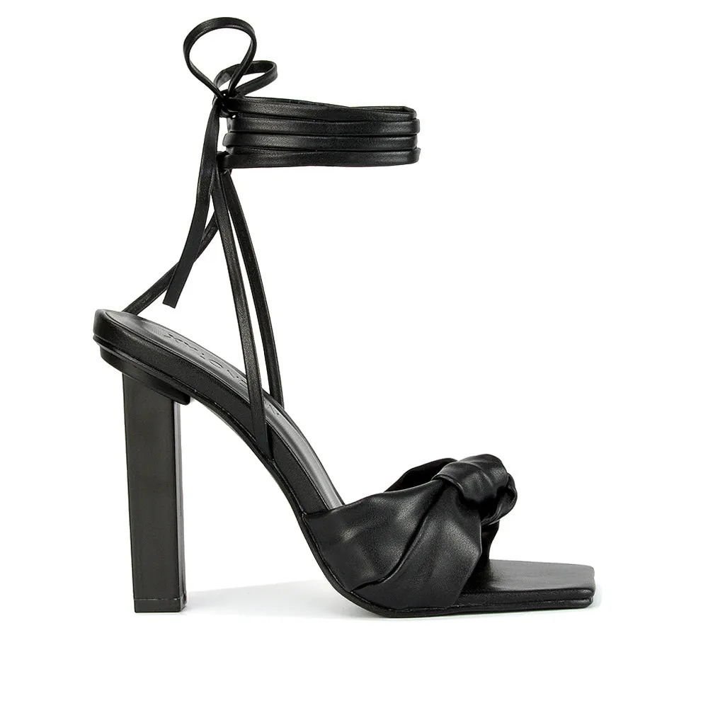 Evelyn Knot Detail Strappy Lace Up Square Toe Block High Heel Sandals in Black Synthetic Leather